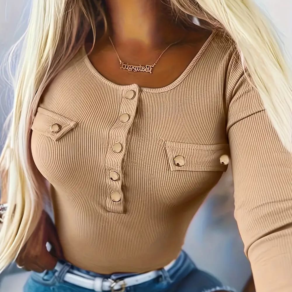 Women Khaki Half Button Scoop Neck Knit T-Shirt